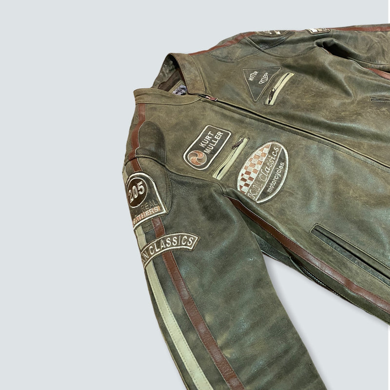 light brown vintage Kurt Muller British Motorcycle Wax Leather Badges Jacket Biker Tan red and white Striped (Xl)