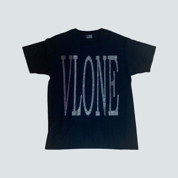 VLONE Black with pink rhinestone logo short sleeve T-shirt (M)