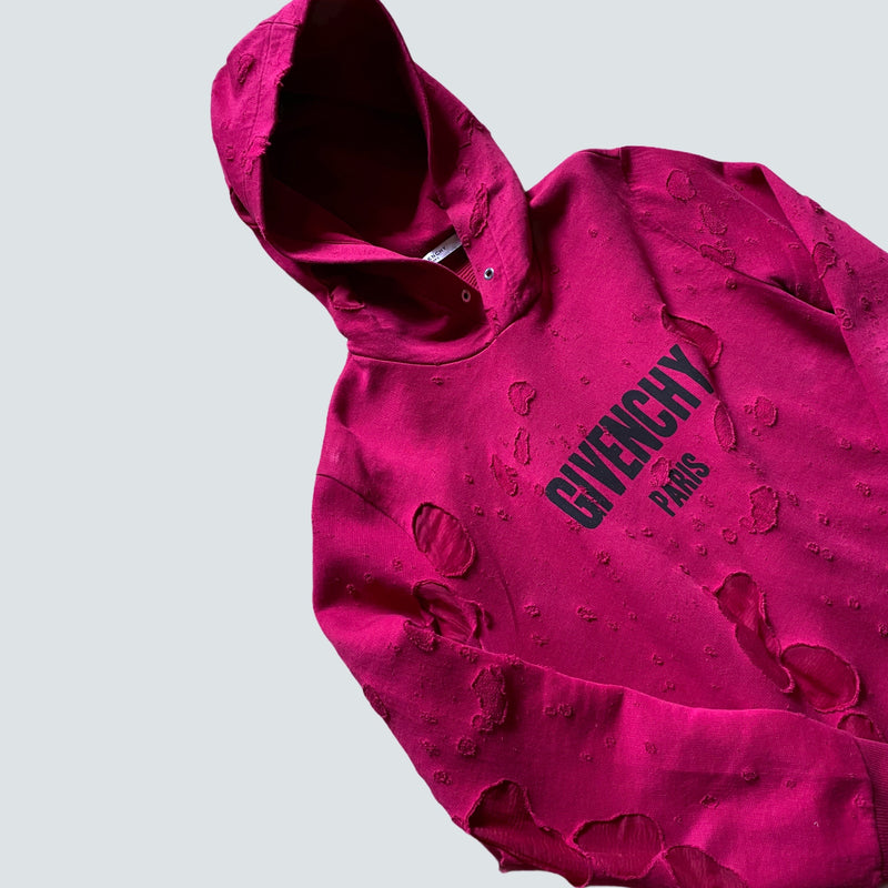 Givenchy Cherry Pink Destroyed Distressed Logo Hoodie  (M)