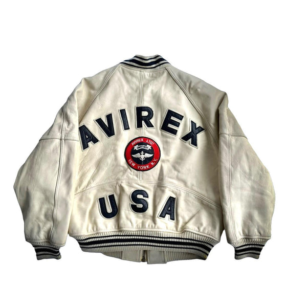 Avirex White leather Logo Bomber Jacket
